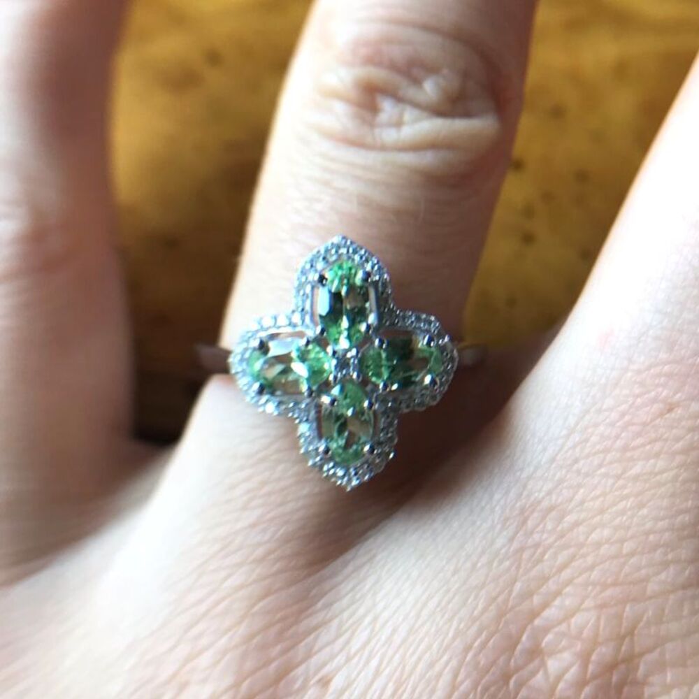 Natural Mint Garnet Moissanite Sterling Silver Ring Size 8